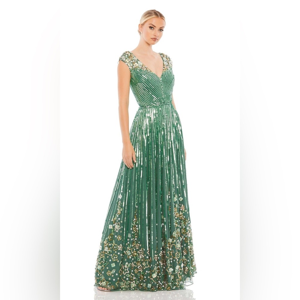 Mac Duggal 5223 cap sleeve A line sequin floral gown